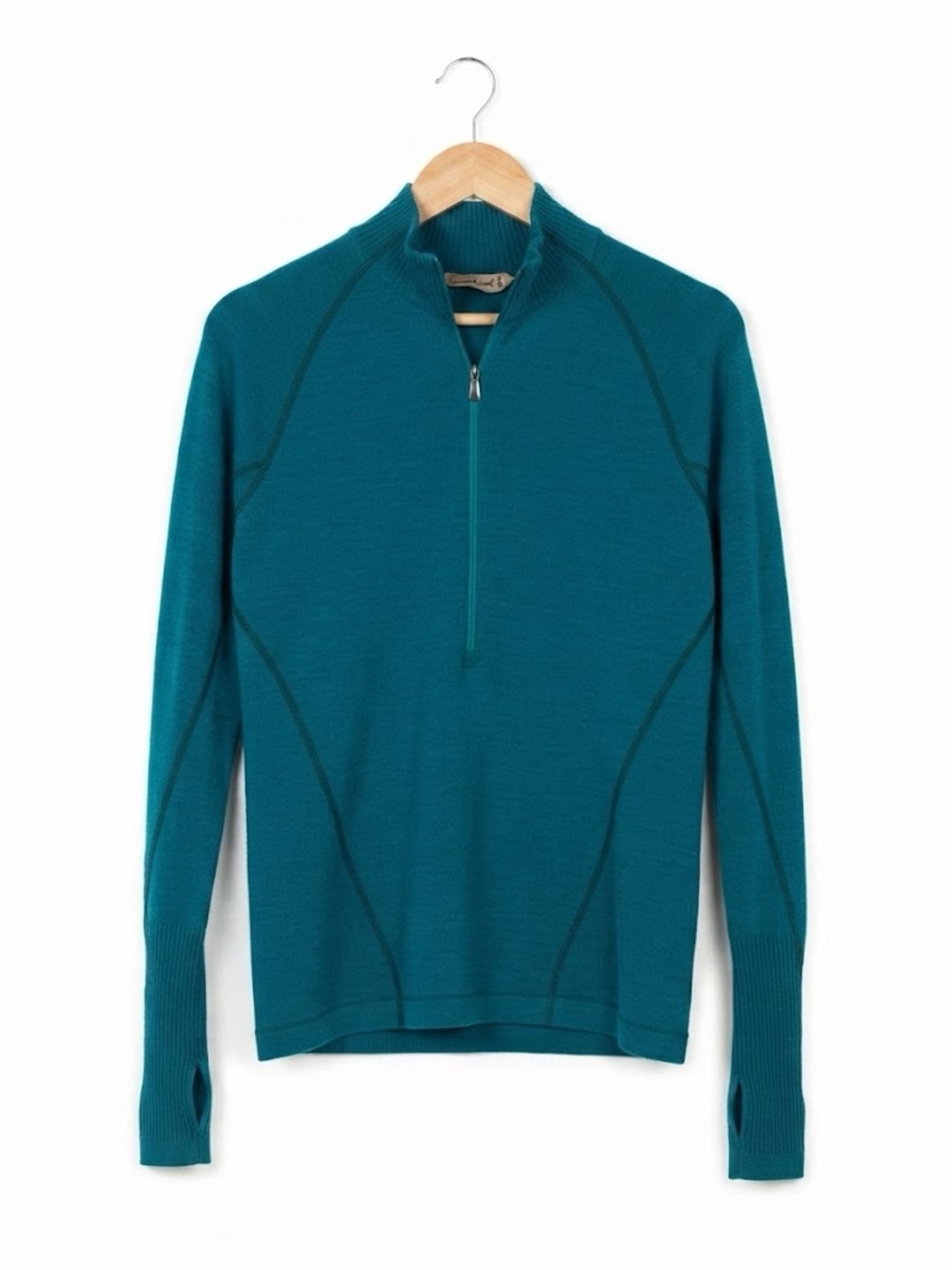 Smartwool 95% Merino Wool Teal Quarter Zip Sweater Thumbholes Size Large
